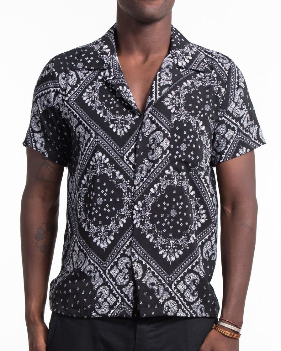 Men HaremPants | Patchwork Paisley Short Sleeve Button Shirt In Black