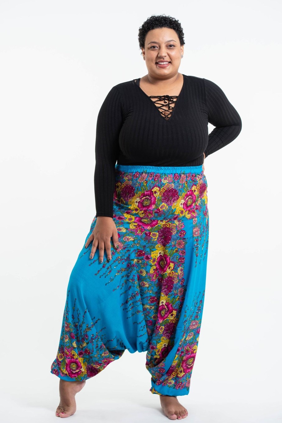 Women HaremPants | Plus Size Floral 2-In-1 Jumpsuit Harem Pants In Ocean Blue