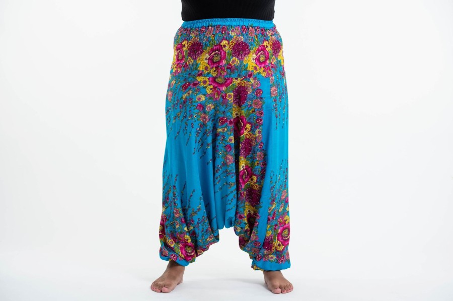 Women HaremPants | Plus Size Floral 2-In-1 Jumpsuit Harem Pants In Ocean Blue