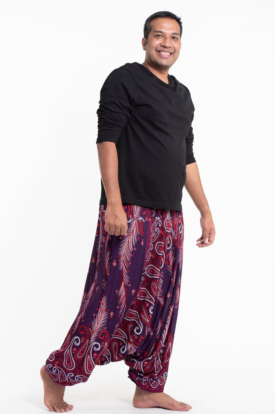 Plus Size HaremPants | Plus Size Paisley Feathers Drop Crotch Men'S Harem Pants In Purple