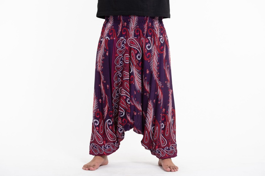 Plus Size HaremPants | Plus Size Paisley Feathers Drop Crotch Men'S Harem Pants In Purple