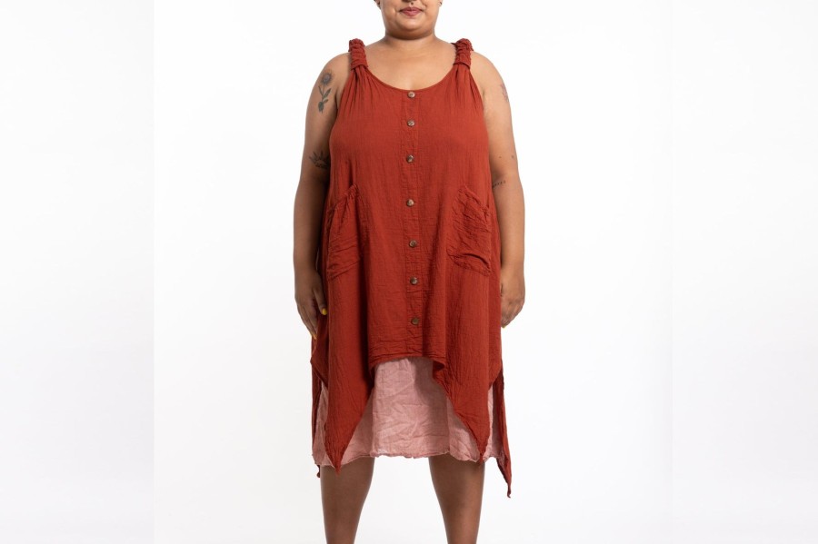 Plus Size HaremPants | Plus Size Women'S Crinkled Hill Tribe Cotton Tank Dress In Brick