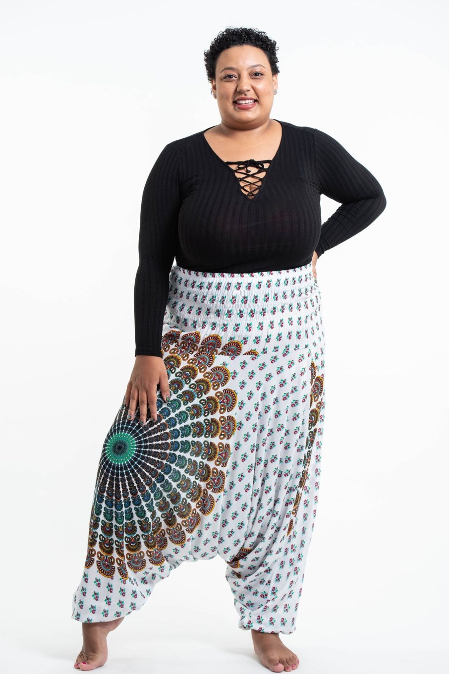 Plus Size HaremPants | Plus Size Peacock Mandalas 2-In-1 Jumpsuit Harem Pants In White