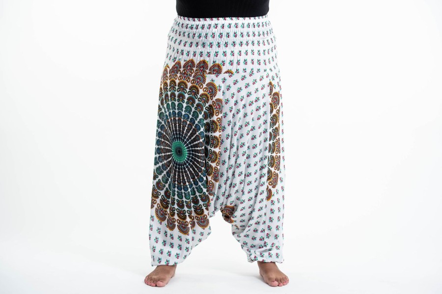 Plus Size HaremPants | Plus Size Peacock Mandalas 2-In-1 Jumpsuit Harem Pants In White