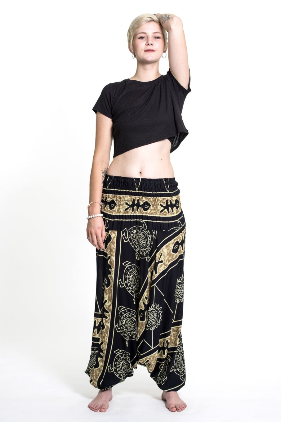 Women HaremPants | Turtle Print 2-In-1 Jumpsuit Harem Pants In Gold