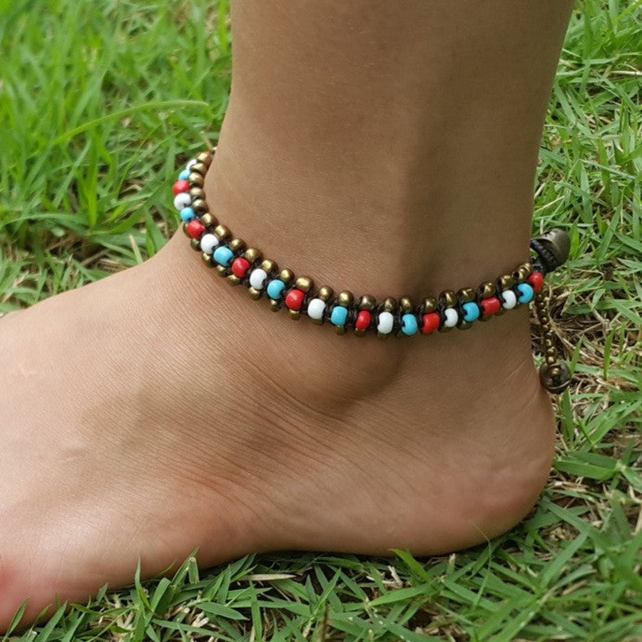 Accessories HaremPants | Hand Made Fair Trade Anklet Double Strand Brass Beads Multi White Red Turquoise