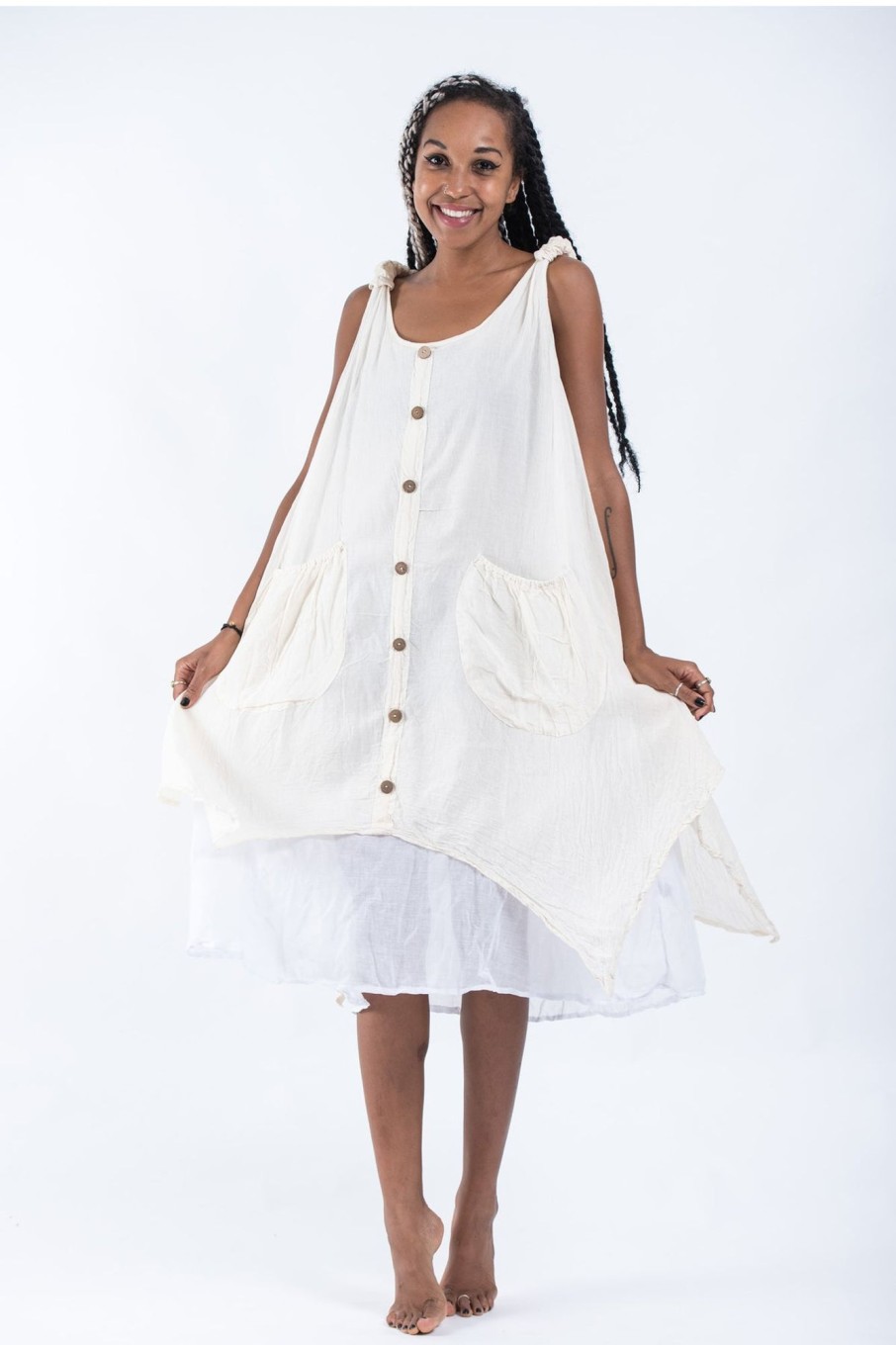 Women HaremPants | Crinkled Hill Tribe Cotton Tank Dress In Off White