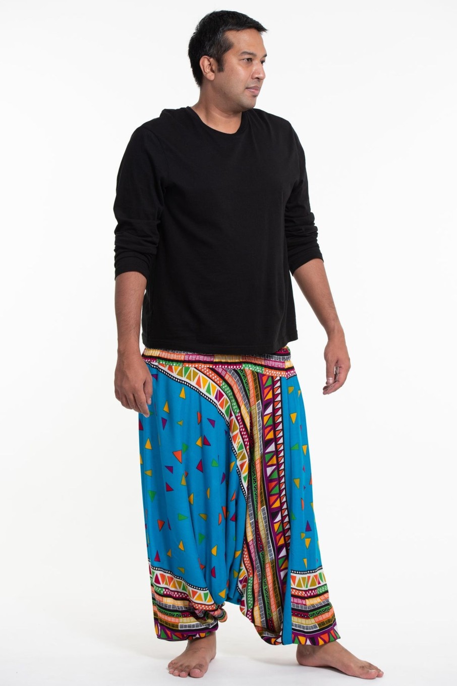 Plus Size HaremPants | Plus Size Triangles Drop Crotch Men'S Harem Pants In Ocean Blue