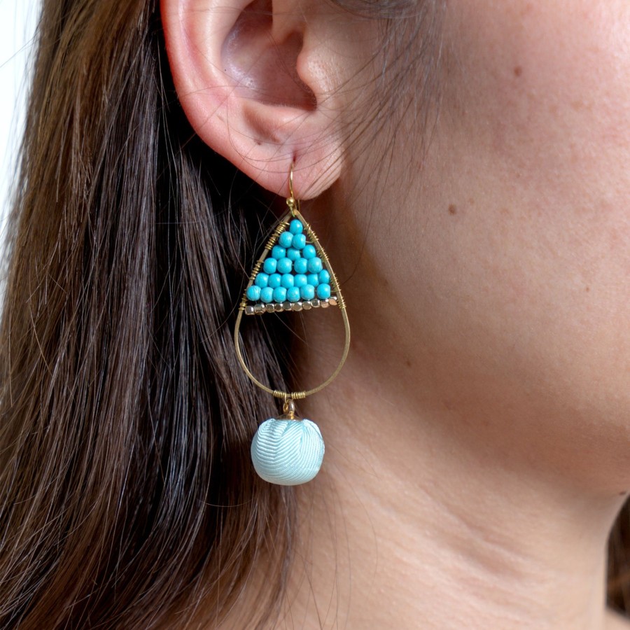 Accessories HaremPants | Oval Beaded Fabric Ball Earrings In Blue