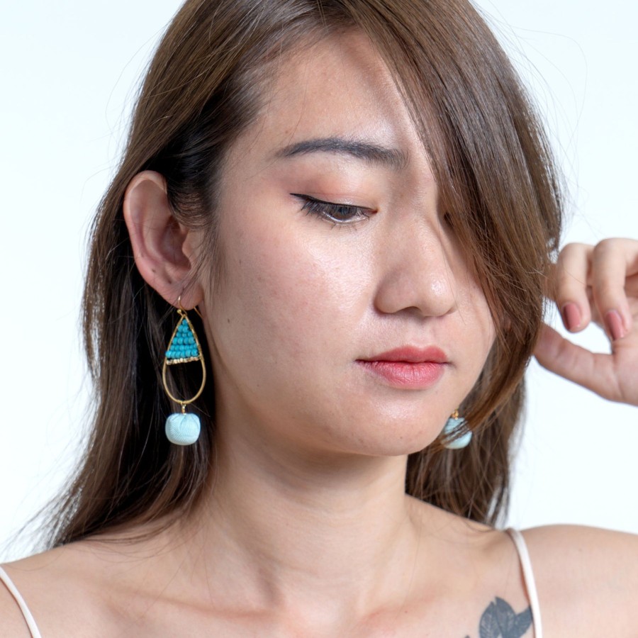 Accessories HaremPants | Oval Beaded Fabric Ball Earrings In Blue