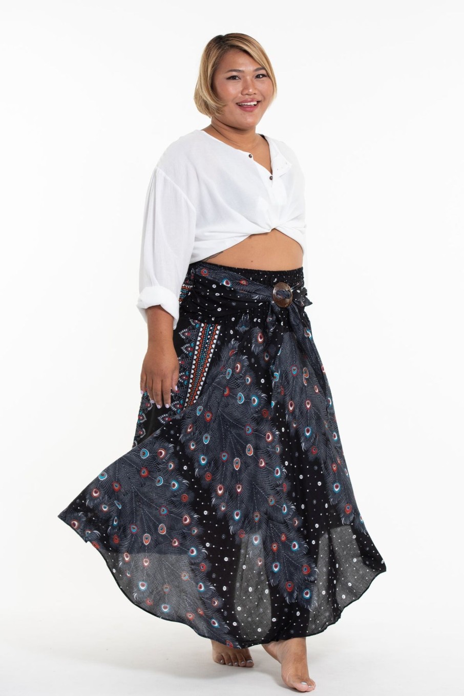 Women HaremPants | Plus Size Peacock Handkerchief Midi Skirt In Black