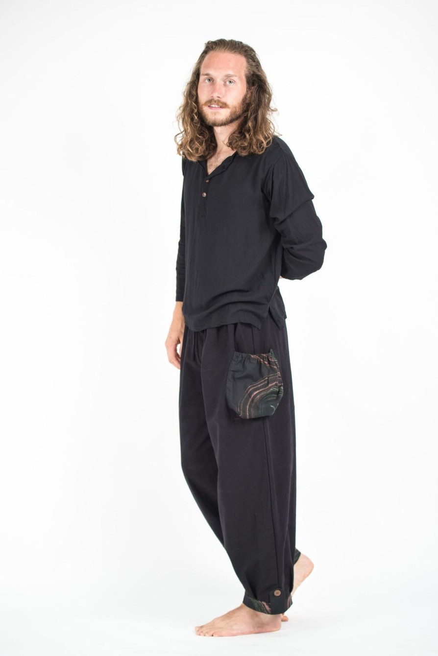 Men HaremPants | Thai Cotton Men Drawstring Pants With Hill Tribe Trim Black