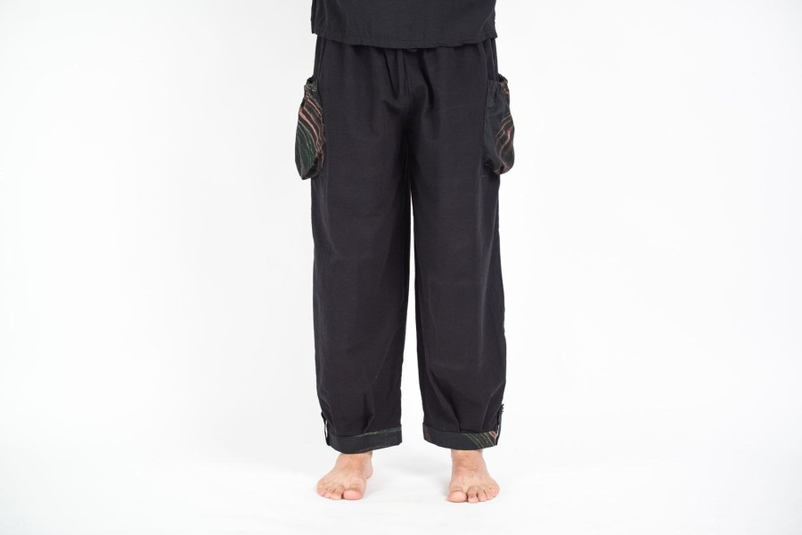 Men HaremPants | Thai Cotton Men Drawstring Pants With Hill Tribe Trim Black