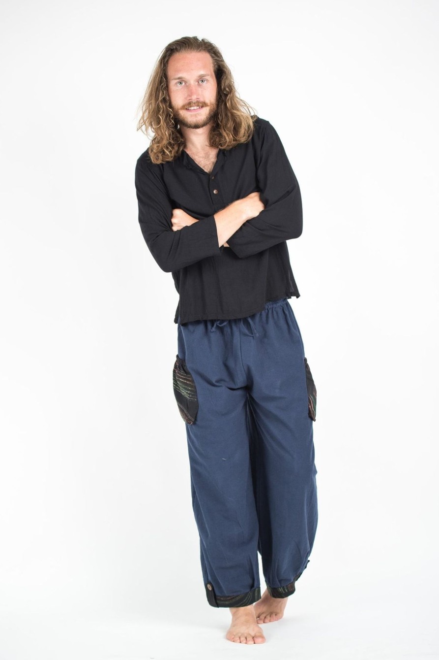 Men HaremPants | Thai Cotton Men Drawstring Pants With Hill Tribe Trim Blue