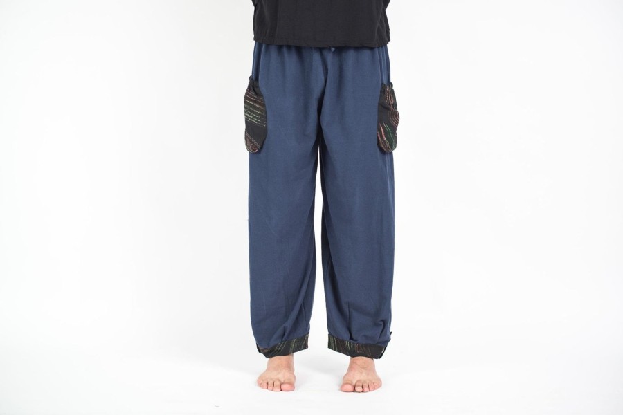 Men HaremPants | Thai Cotton Men Drawstring Pants With Hill Tribe Trim Blue