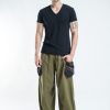 Men HaremPants | Thai Cotton Men Drawstring Pants With Hill Tribe Trim Olive