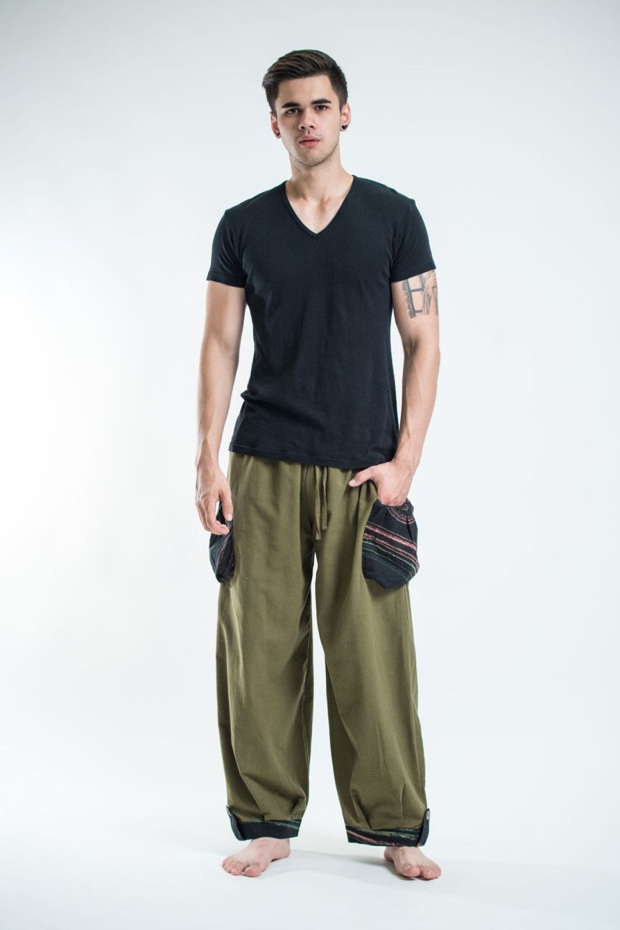 Men HaremPants | Thai Cotton Men Drawstring Pants With Hill Tribe Trim Olive