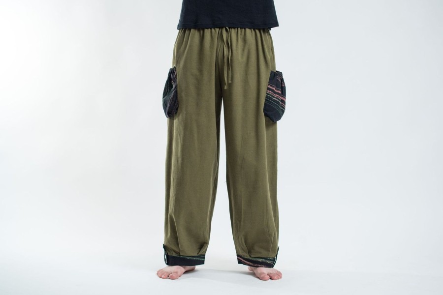 Men HaremPants | Thai Cotton Men Drawstring Pants With Hill Tribe Trim Olive