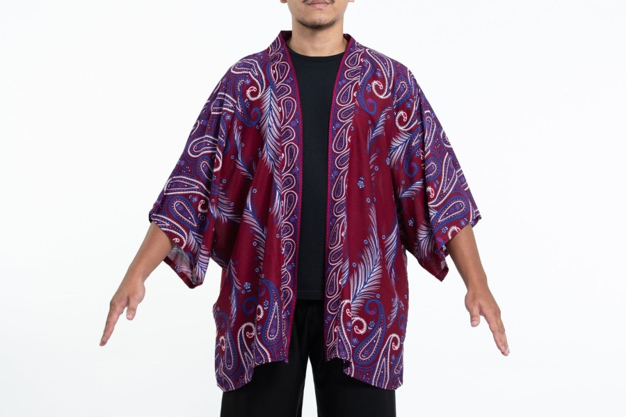 Women HaremPants | Paisley Feathers Kimono Cardigan In Red