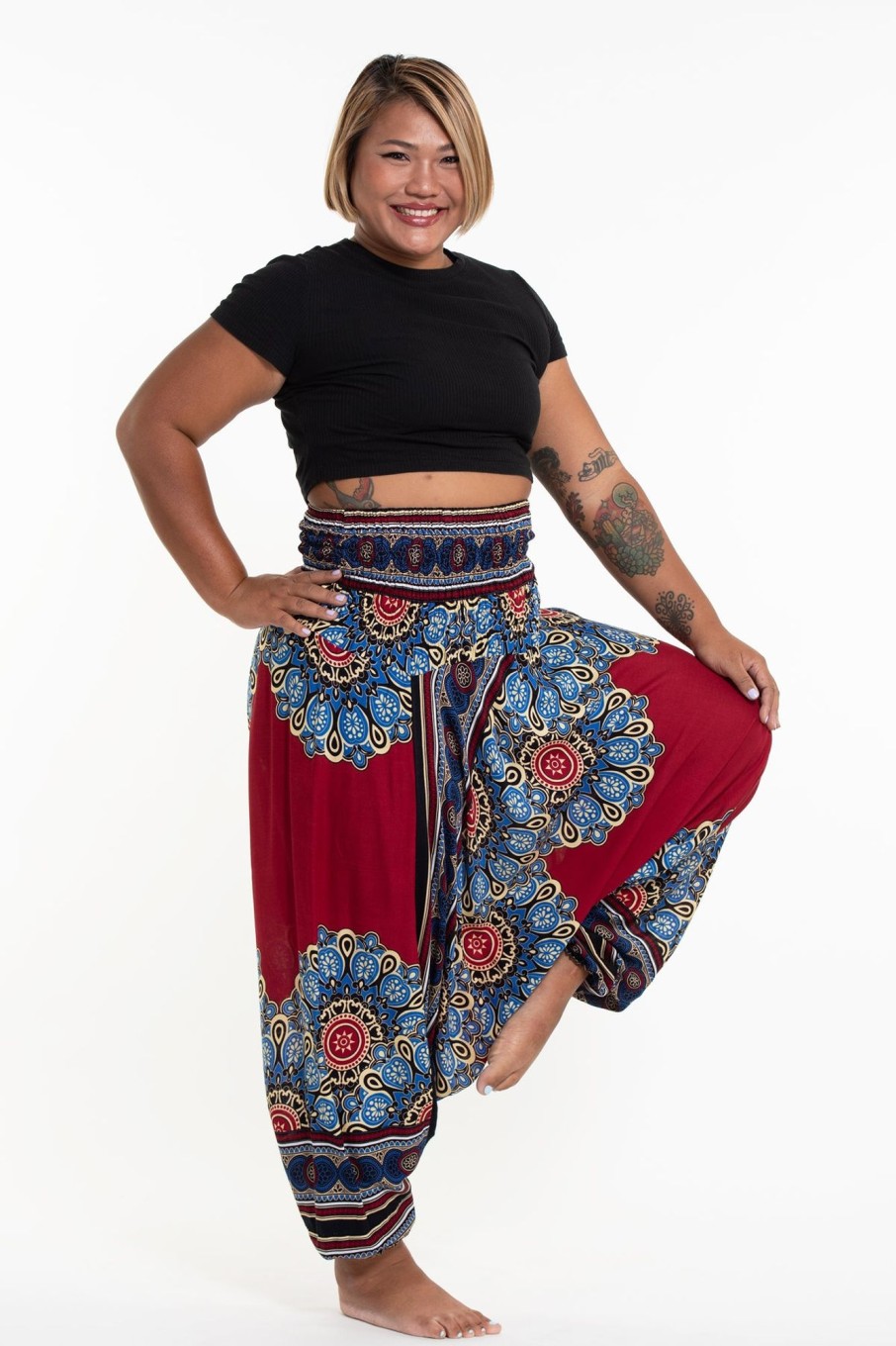 Women HaremPants | Plus Size Peony Mandalas 2-In-1 Jumpsuit Harem Pants In Red