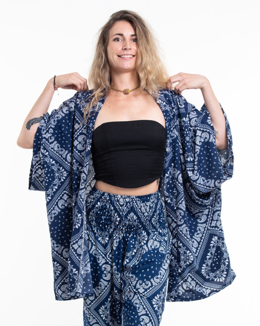 Plus Size HaremPants | Patchwork Paisley Kimono Cardigan In Navy