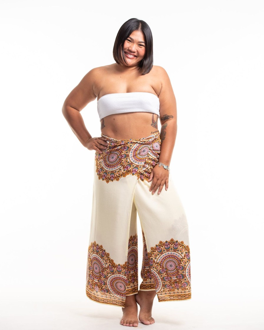 Women HaremPants | Plus Size Feather Mandalas Wrap Palazzo Style Harem Pants In Cream