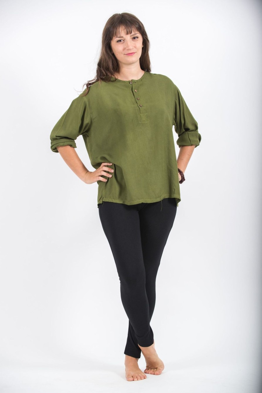 Women HaremPants | Womens Yoga Shirts No Collar With Coconut Buttons In Olive