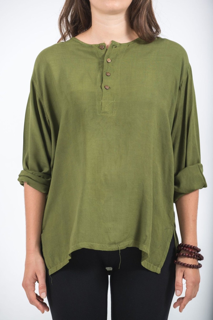 Women HaremPants | Womens Yoga Shirts No Collar With Coconut Buttons In Olive