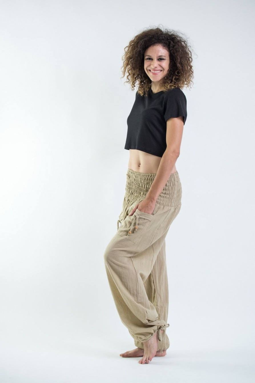 Women HaremPants | Women'S Thai Smocked Waist Cotton Pants In Tan