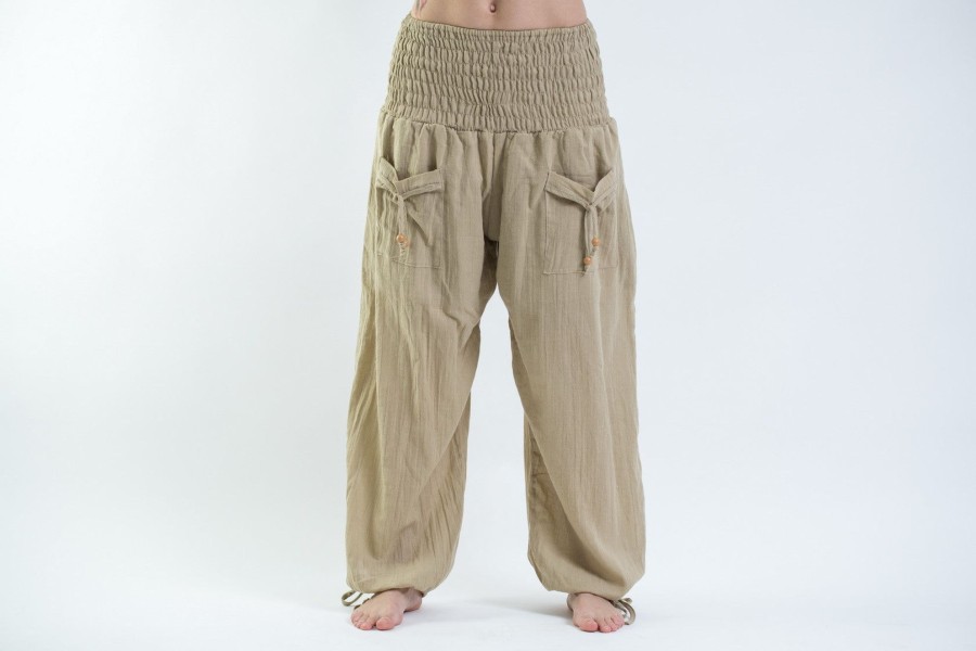 Women HaremPants | Women'S Thai Smocked Waist Cotton Pants In Tan