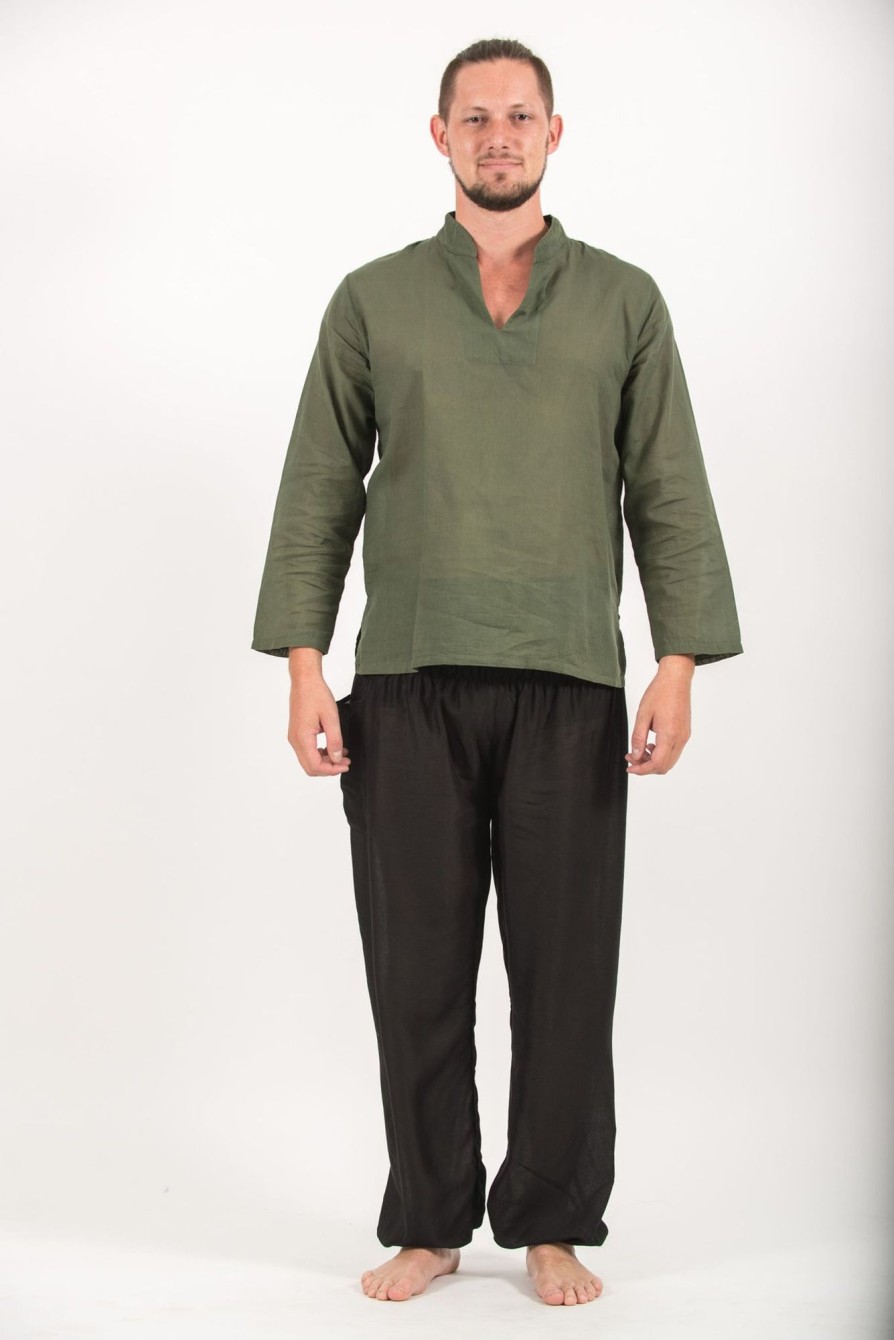 Men HaremPants | Mens Yoga Shirts Nehru Collared In Olive