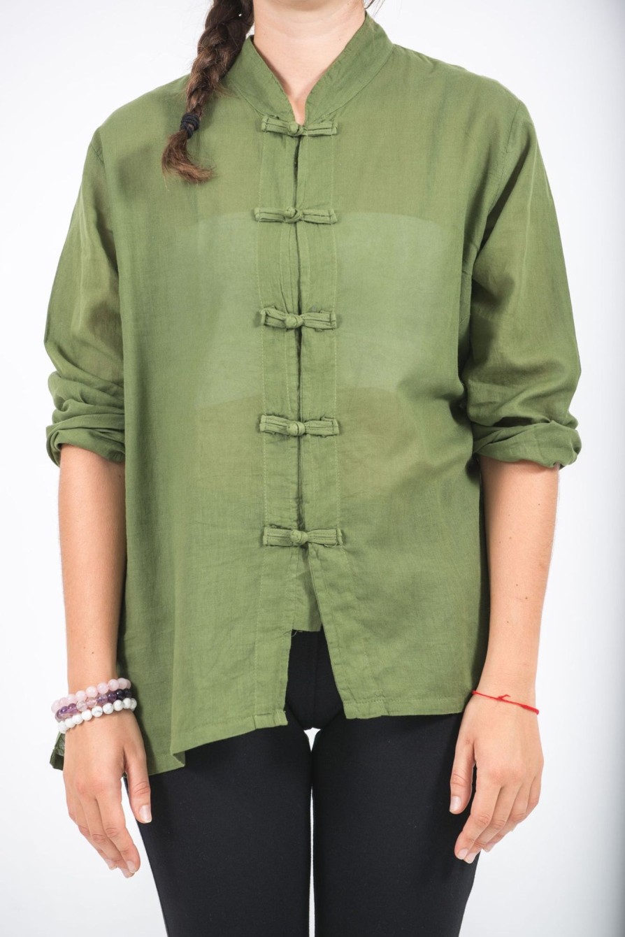 Women HaremPants | Womens Yoga Shirts Chinese Collared In Olive