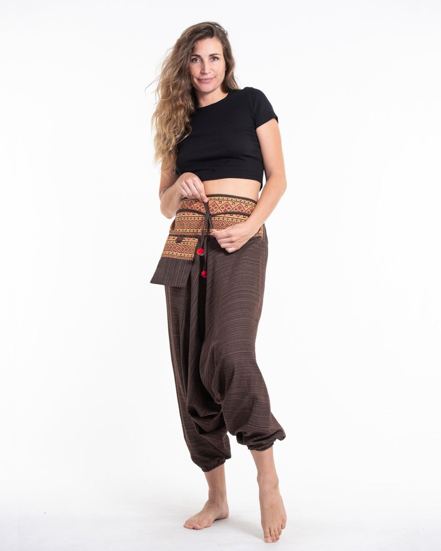 Women HaremPants | Pinstripe Cotton Low Cut Women'S Harem Pants With Hill Tribe Trim Brown