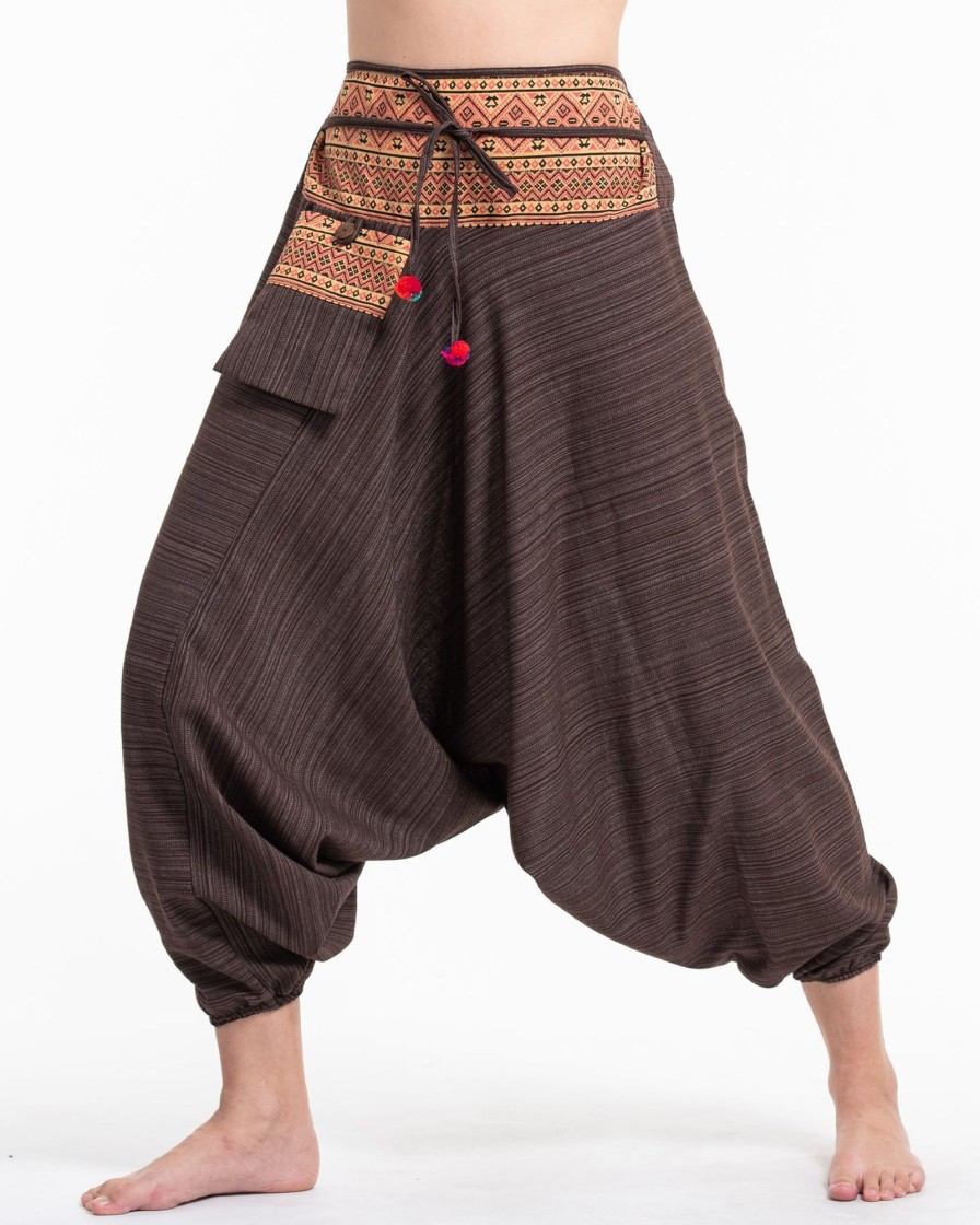 Women HaremPants | Pinstripe Cotton Low Cut Women'S Harem Pants With Hill Tribe Trim Brown