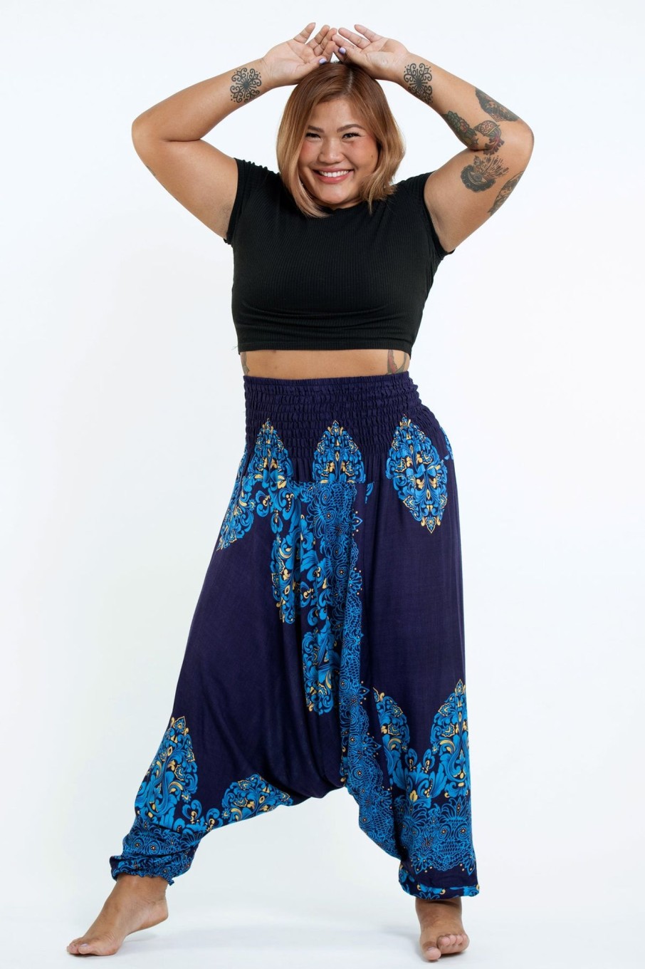 Women HaremPants | Plus Size Floral Vines 2-In-1 Jumpsuit Harem Pants In Blue