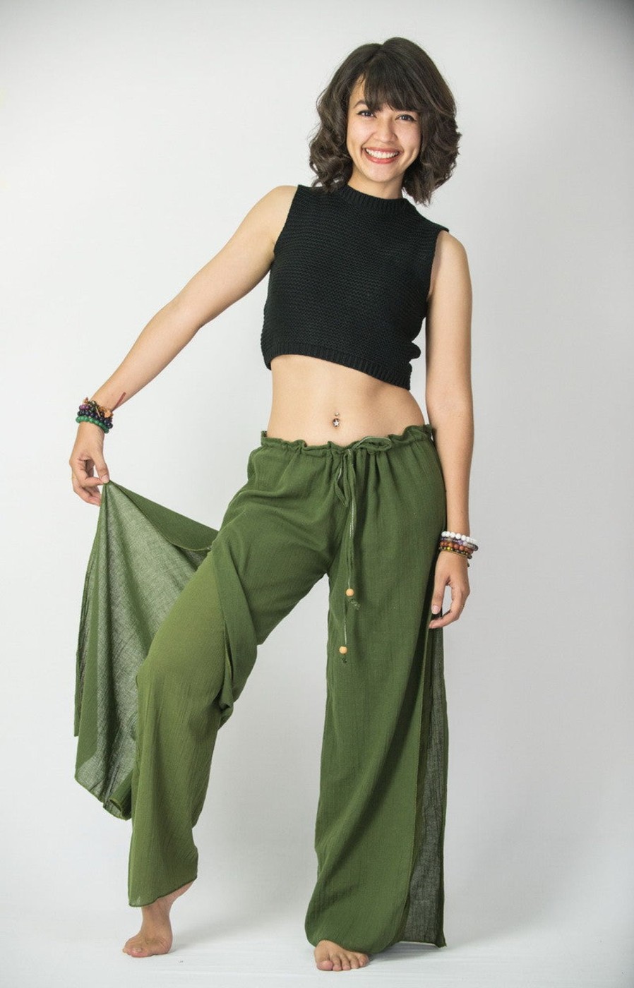 Women HaremPants | Women'S Thai Harem Double Layers Palazzo Pants In Solid Green