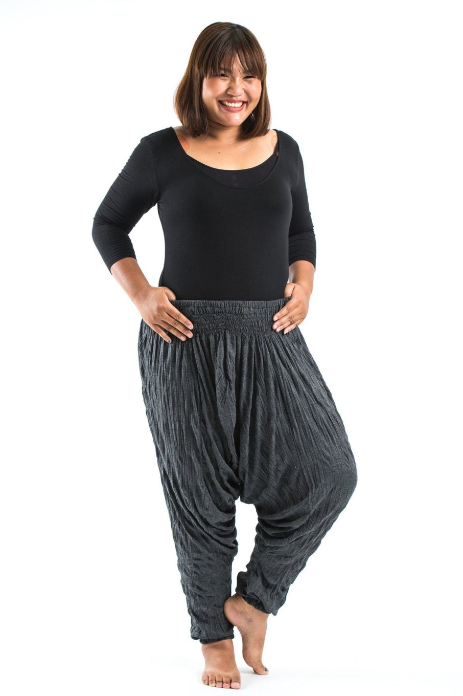 Plus Size HaremPants | Plus Size Crinkled Cotton Harem Pants In Black