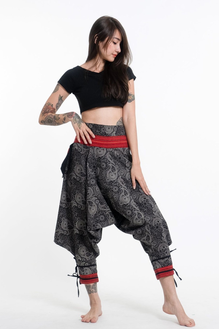 Women HaremPants | Paisley Thai Hill Tribe Fabric Women'S Harem Pants With Ankle Straps Gray