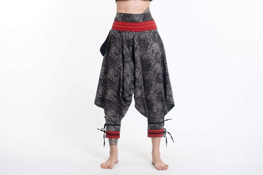 Women HaremPants | Paisley Thai Hill Tribe Fabric Women'S Harem Pants With Ankle Straps Gray