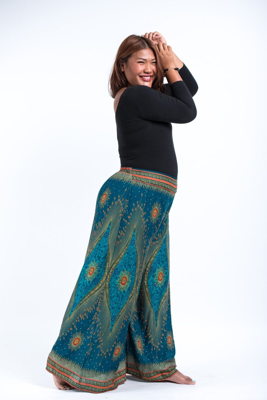 Women HaremPants | Plus Size Peacock Eyes Palazzo Style Harem Pants In Turquoise