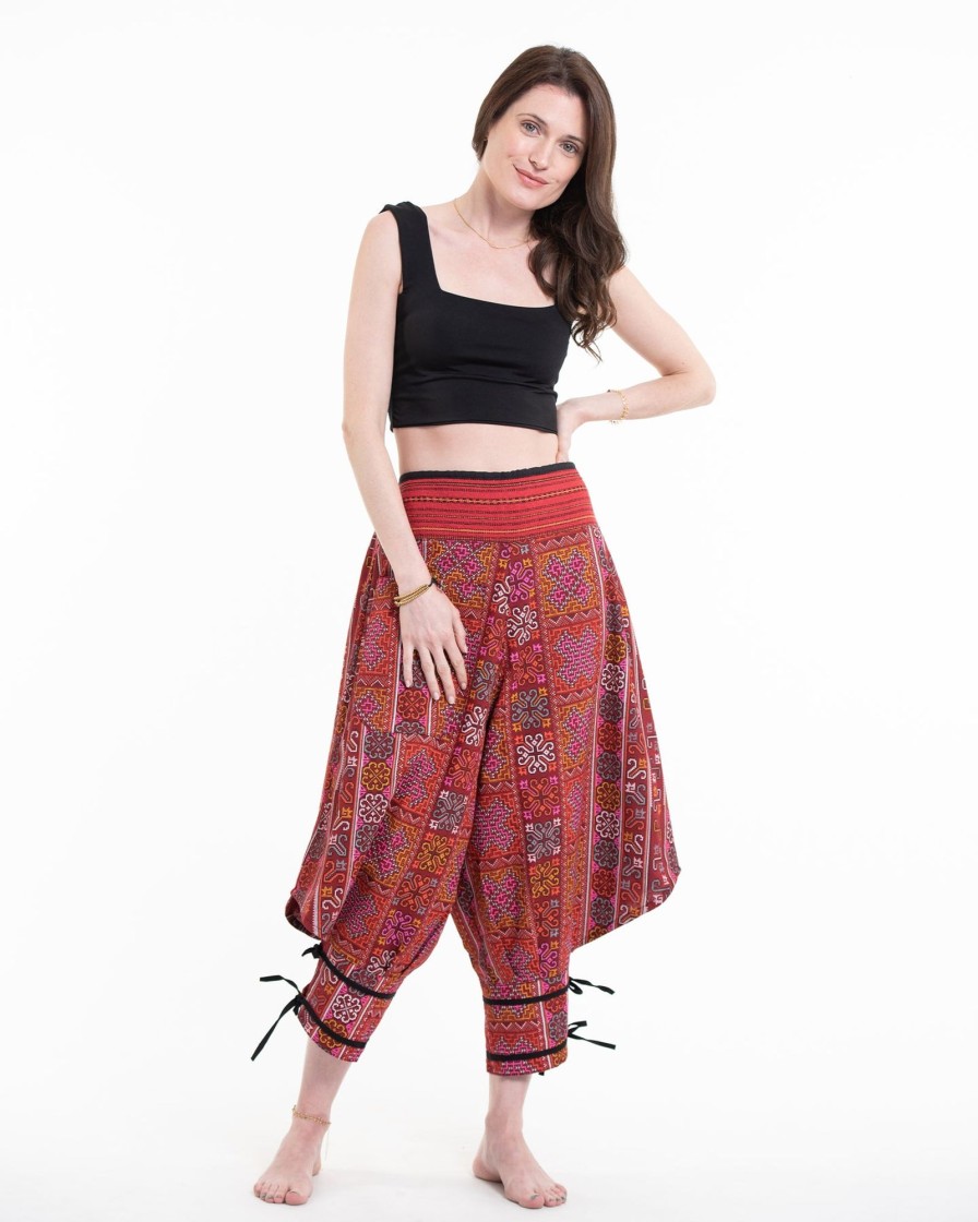 Women HaremPants | Clovers Thai Hill Tribe Fabric Women'S Harem Pants With Ankle Straps In Red