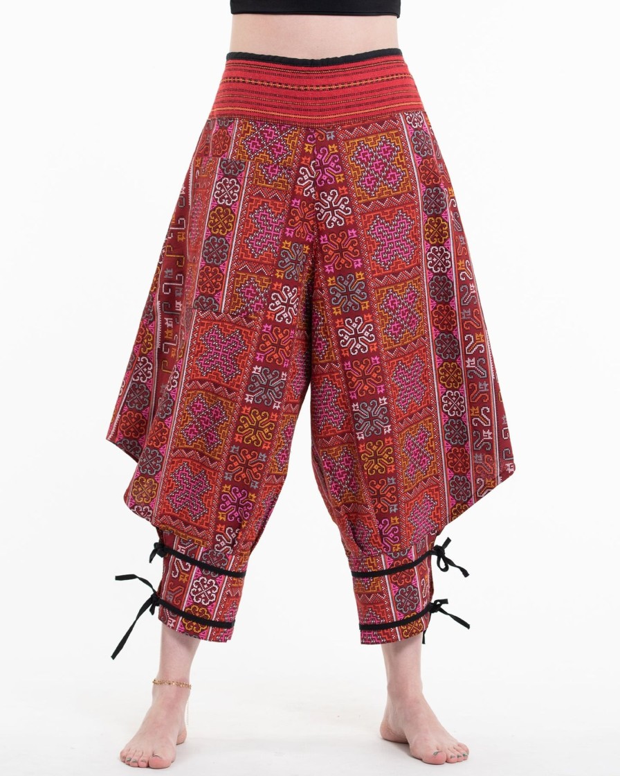 Women HaremPants | Clovers Thai Hill Tribe Fabric Women'S Harem Pants With Ankle Straps In Red