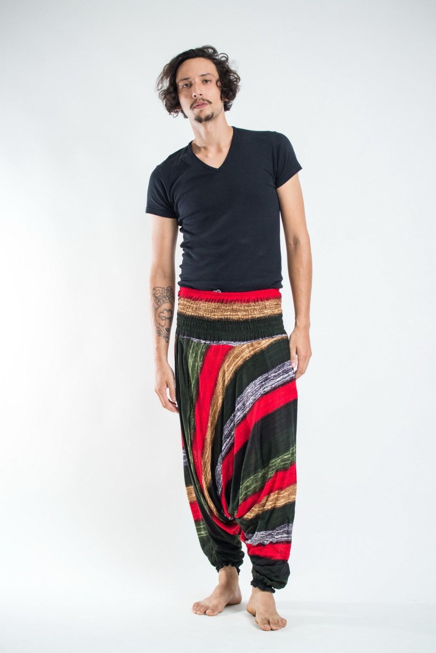 Men HaremPants | Boho Striped Drop Crotch Men'S Harem Pants In Green