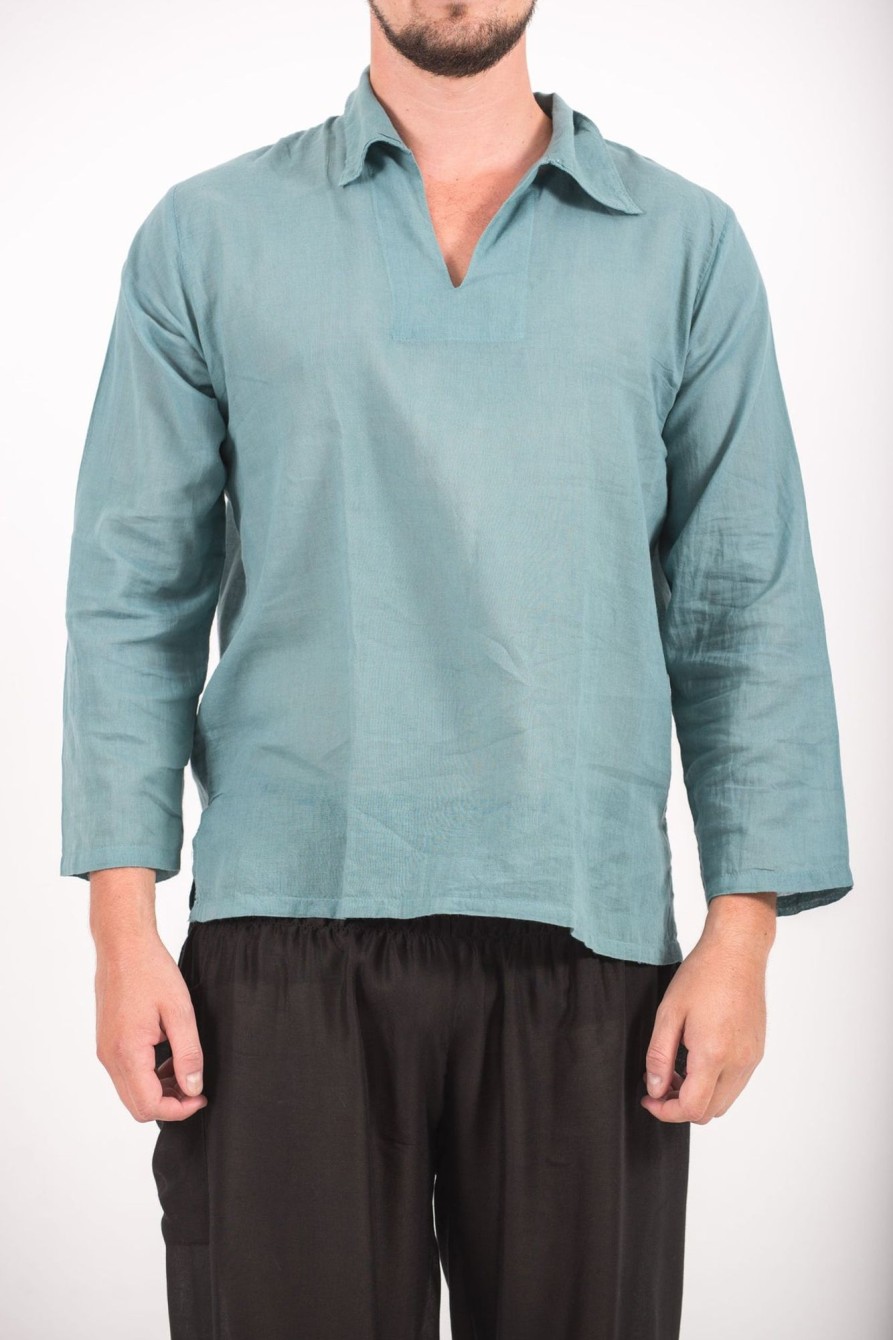 Men HaremPants | Mens Yoga Shirts Collar V Neck In Aqua