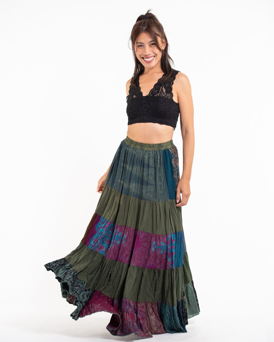 Women HaremPants | Patchwork Long Skirt In Dark Green