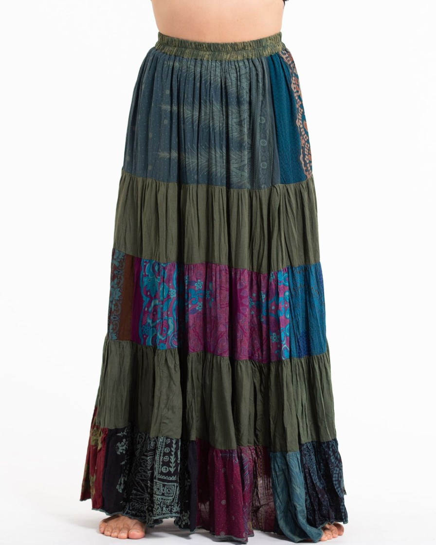 Women HaremPants | Patchwork Long Skirt In Dark Green