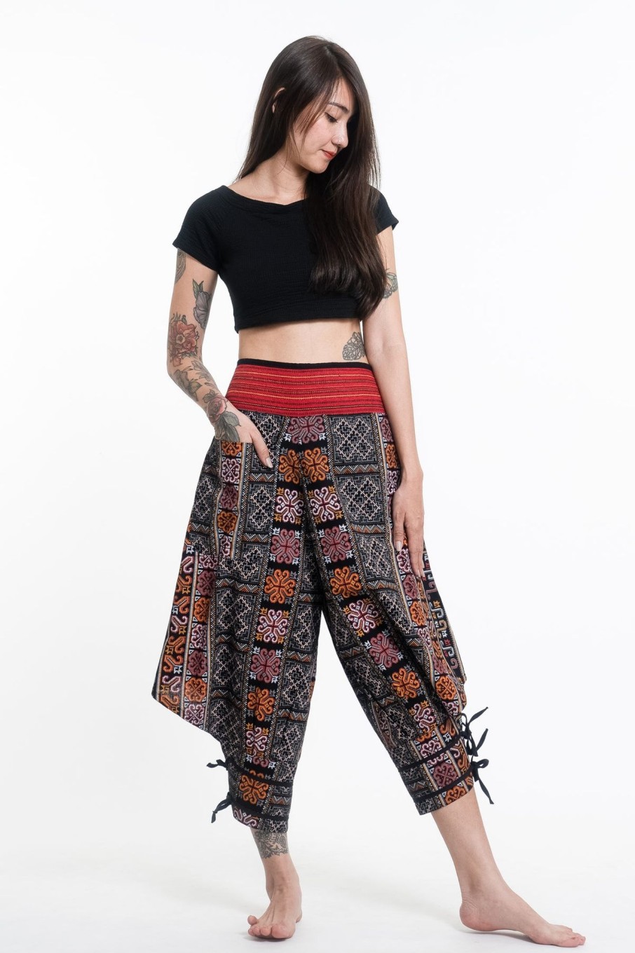 Women HaremPants | Clovers Thai Hill Tribe Fabric Women'S Harem Pants With Ankle Straps In Black