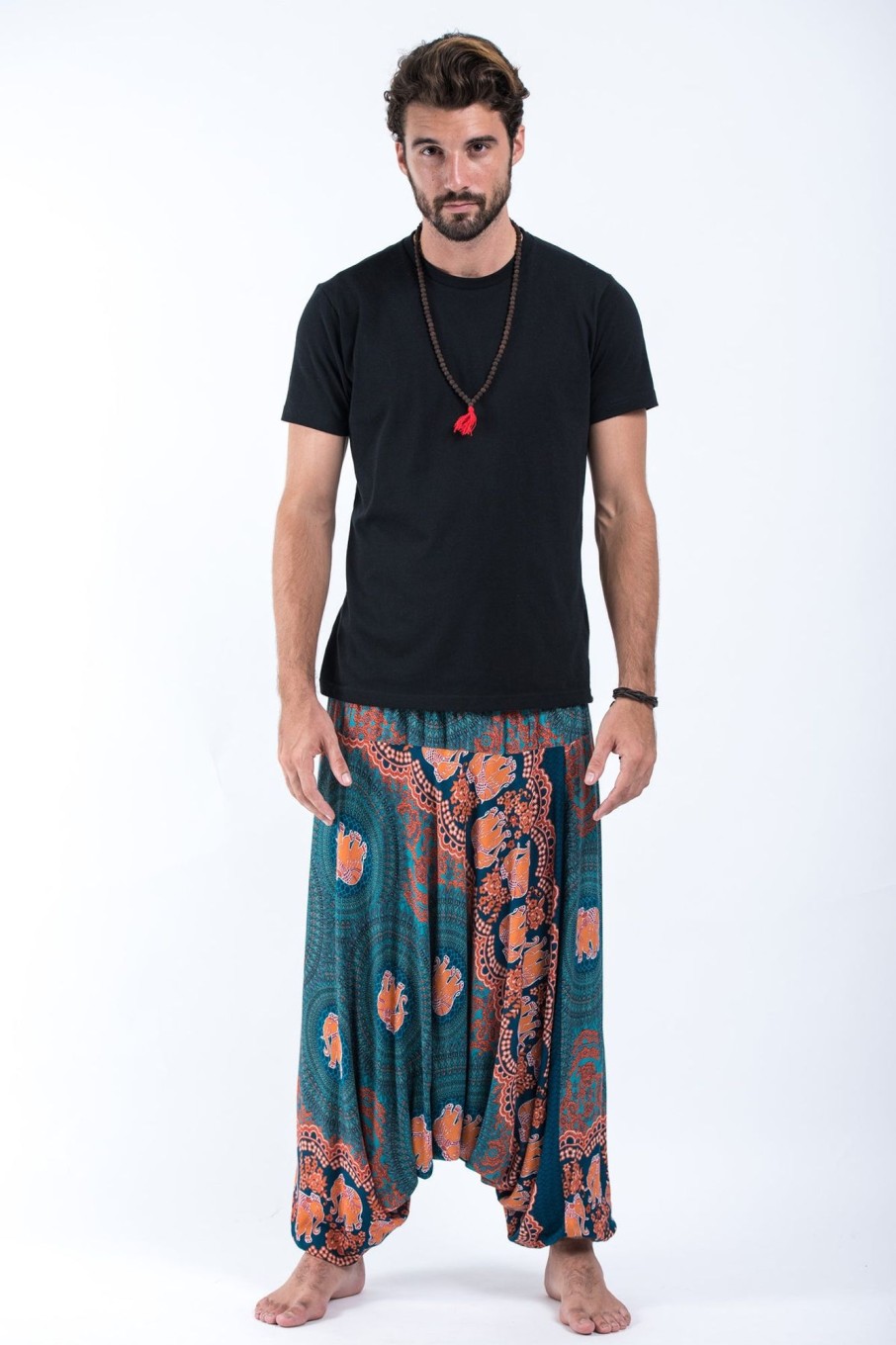 Men HaremPants | Mandala Elephant Drop Crotch Men'S Elephant Pants In Turquoise