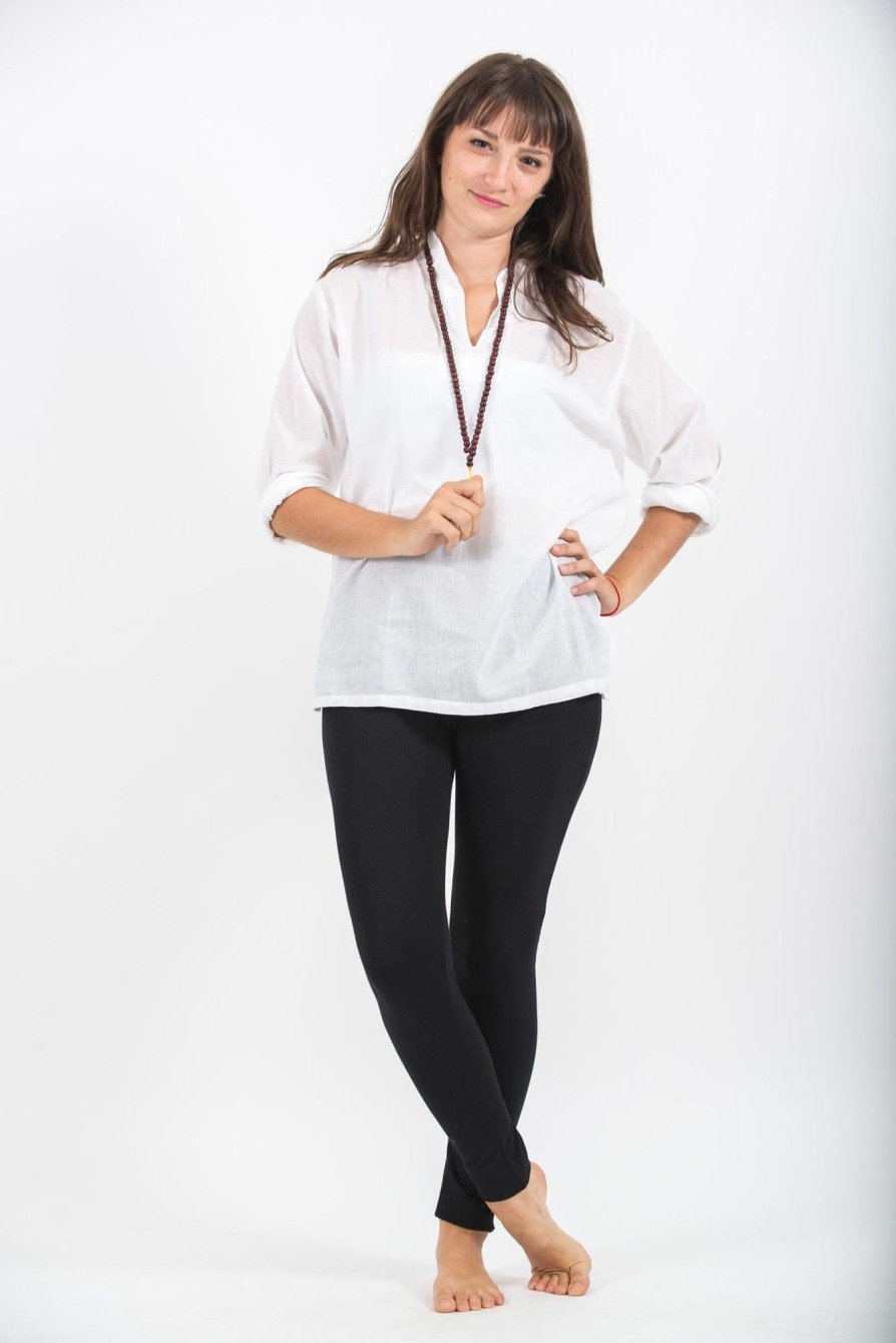 Women HaremPants | Womens Yoga Shirts Nehru Collared In White