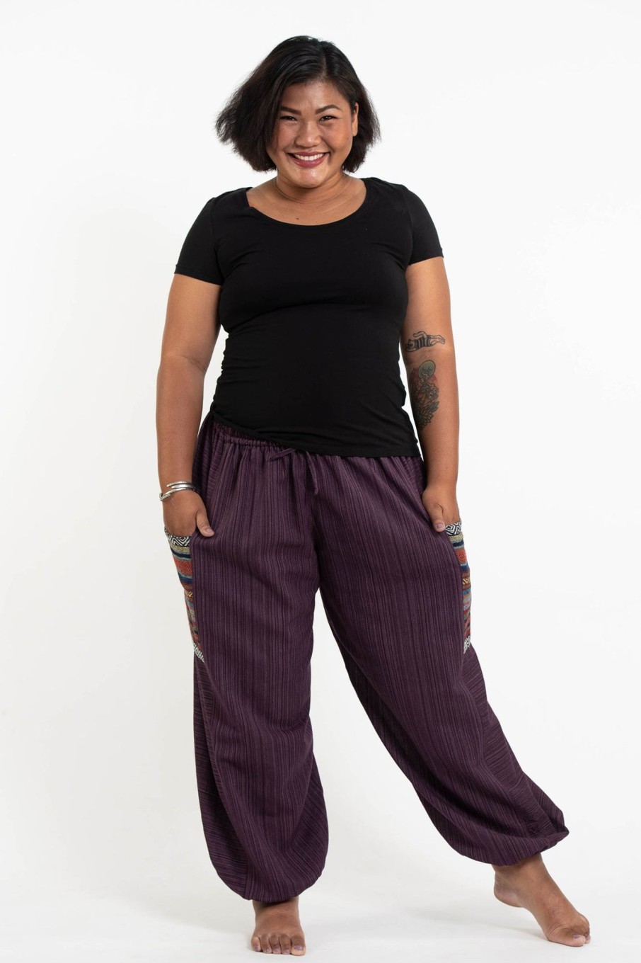 Plus Size HaremPants | Plus Size Women'S Drawstring Pinstripes Cotton Pants With Aztec Pocket In Purple